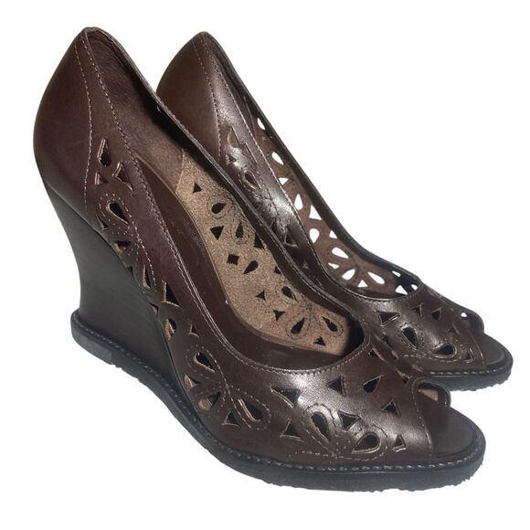 Report Jocelyn Wedge Shoes Women's Size 7.5 M Brown Perforated Leather Boho - Picture 1 of 11